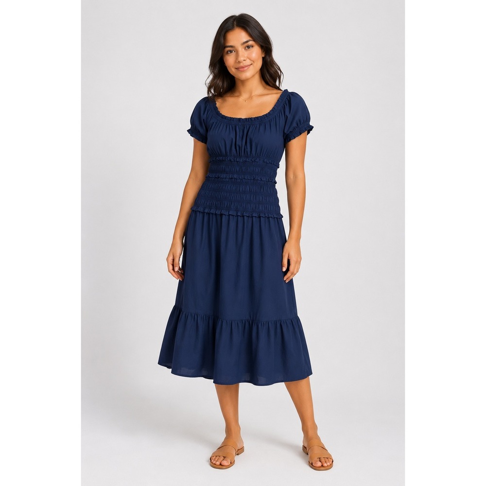 Navy Cotton Smocked Midi Dress M Puff Sleeve Tiered Cottagecore Prairie Boho